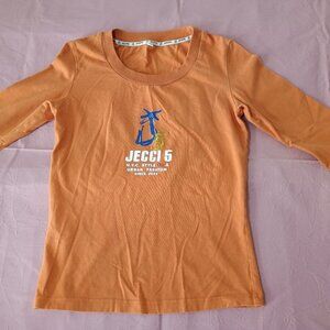 Jecci 5 NYC Women Small Sports Casul Graphic Knit Top Long Sleeve Orange Cotton